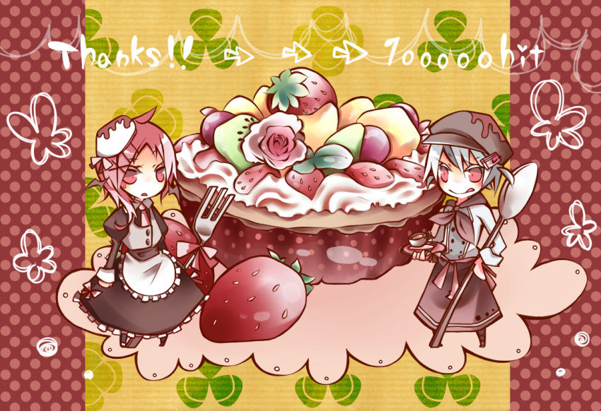 2girls :q alternate_costume apron bangs black_dress blue_hair brown_headwear cake closed_mouth commentary_request cup demon_wings dress food fork frilled_dress frills fruit full_body grey_vest gypsy_(ragnarok_online) head_wings high_priest_(ragnarok_online) holding holding_plate juliet_sleeves long_sleeves looking_at_viewer medium_hair milestone_celebration multiple_girls necktie obi open_mouth oversized_clothes pekeko_(pepekekeko) pink_eyes pink_hair pink_necktie plate puffy_sleeves ragnarok_online sash short_hair smile spoon strawberry teacup tongue tongue_out vest waist_apron waiter white_apron white_headwear wings