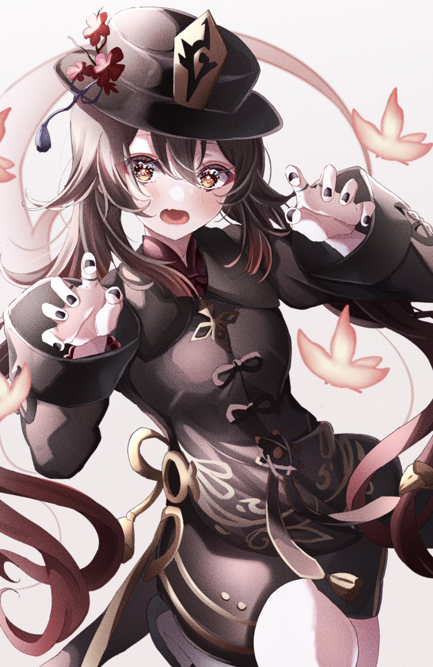 1girl black_nails black_shorts breasts brown_hair claw_pose collared_coat flower-shaped_pupils genshin_impact hat highres hu_tao_(genshin_impact) jewelry leg_up multiple_rings open_mouth porkpie_hat red_eyes ring sa-ya2 shorts small_breasts standing standing_on_one_leg symbol-shaped_pupils tailcoat