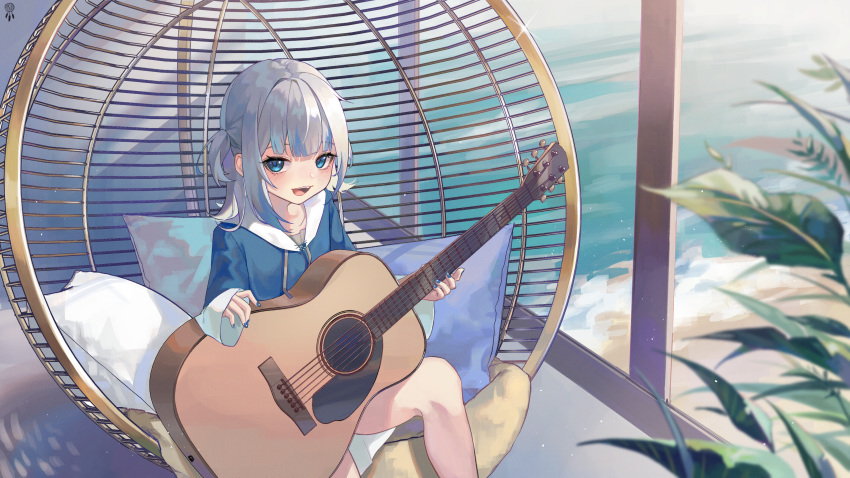 1girl absurdres bangs beach blue_eyes blue_hair blue_hoodie blue_nails blunt_bangs eyebrows_visible_through_hair fish_tail gawr_gura guitar highres hololive hololive_english holomyth hood hoodie instrument julia8857 looking_at_viewer multicolored_hair nail_polish ocean open_mouth pillow plant shirt short_twintails sitting solo sunlight tail twintails virtual_youtuber water white_shirt