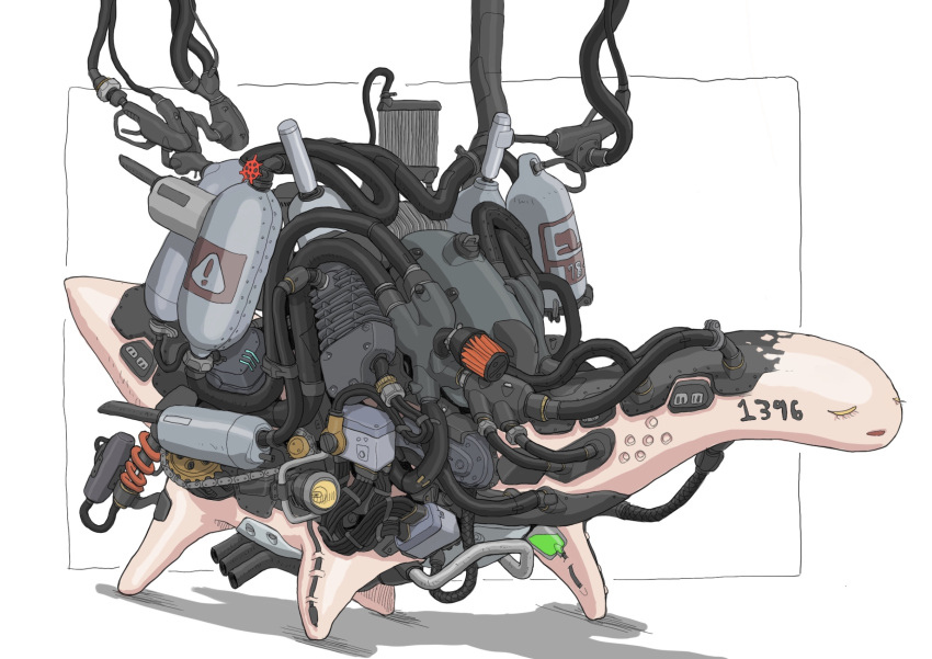 closed_eyes creature exhaust_pipe gas_can gatling_santouhei highres mecha original parted_lips science_fiction tagme what