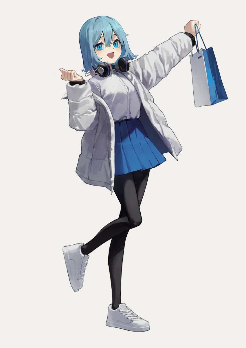 1girl absurdres bag bangs black_legwear blue_eyes blue_hair blue_skirt commentary grey_background hair_between_eyes hand_up hands_up headphones headphones_around_neck highres holding holding_bag jacket long_sleeves medium_hair open_clothes open_jacket open_mouth original pantyhose pleated_skirt shirt shirt_tucked_in shoes shopping_bag simple_background skirt smile sneakers solo standing standing_on_one_leg white_footwear white_jacket white_shirt yoon_cook