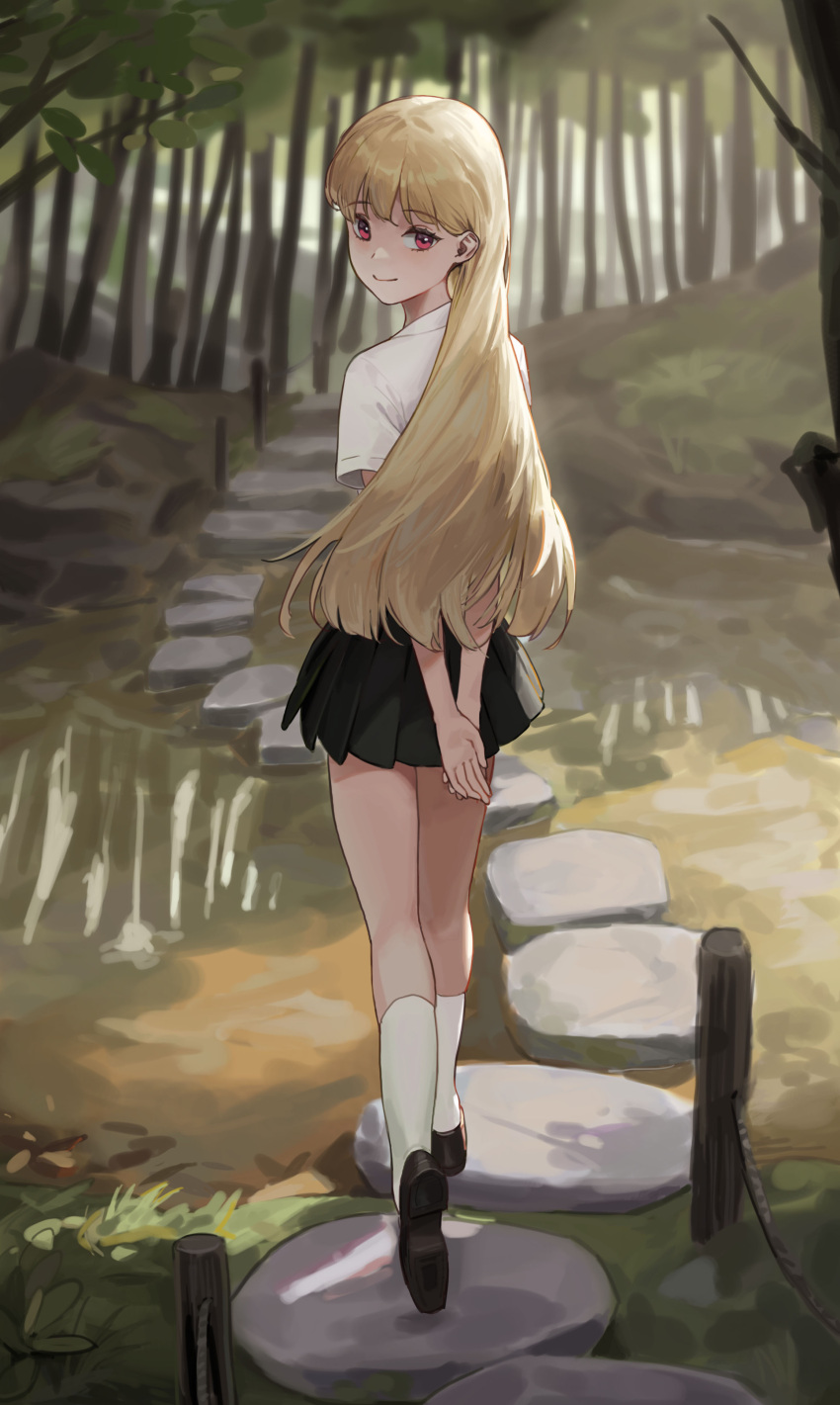 1girl absurdres arms_behind_back bangs black_skirt blonde_hair closed_mouth cotta_(heleif) day eyebrows_visible_through_hair forest from_behind full_body highres kneehighs long_hair looking_at_viewer looking_back nature original outdoors pleated_skirt red_eyes shirt short_sleeves skirt smile socks solo stepping_stones tree water white_legwear white_shirt