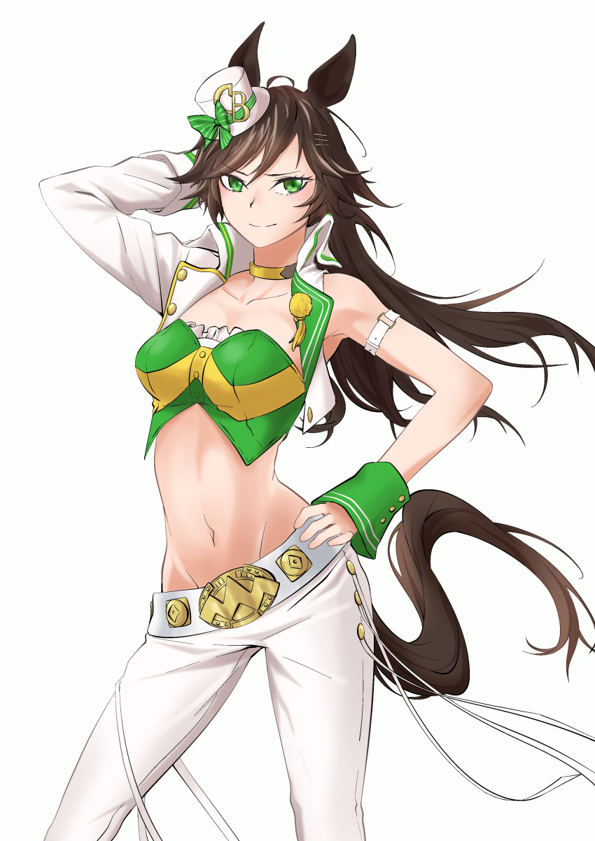1girl absurdres animal_ears arm_strap arm_up bangs bare_shoulders black_hair bow breasts choker collarbone commentary cowboy_shot crop_top gakigaki green_bow green_eyes green_shirt groin hand_on_hip hat hat_bow highres horse_ears jacket long_hair long_sleeves looking_at_viewer medium_breasts midriff mini_hat mini_top_hat mr._c.b._(umamusume) navel open_clothes open_jacket pants shirt simple_background single_sleeve smile solo standing stomach strapless strapless_shirt top_hat umamusume white_background white_headwear white_jacket white_pants wrist_cuffs yellow_choker