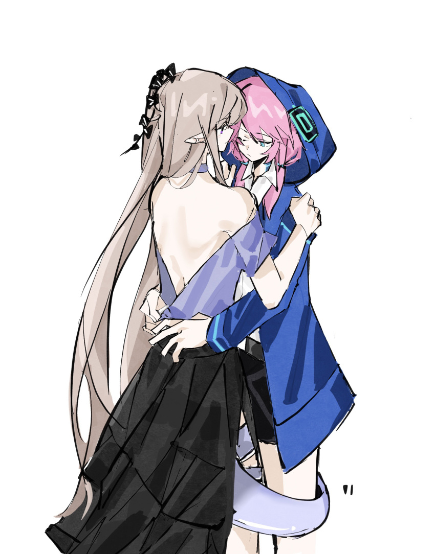 2girls absurdres arknights backless_dress backless_outfit bare_shoulders blue_eyes blue_poison_(arknights) blush brown_hair chanzuihou744 closed_mouth dress elite_ii_(arknights) hair_ornament halterneck hands_on_another's_shoulders highres hood hood_up hooded_jacket indigo_(arknights) jacket long_hair long_sleeves low_twintails multiple_girls off_shoulder one_eye_closed open_clothes open_jacket pink_hair pointy_ears shorts simple_background tail tail_hug twintails very_long_hair violet_eyes white_background yuri