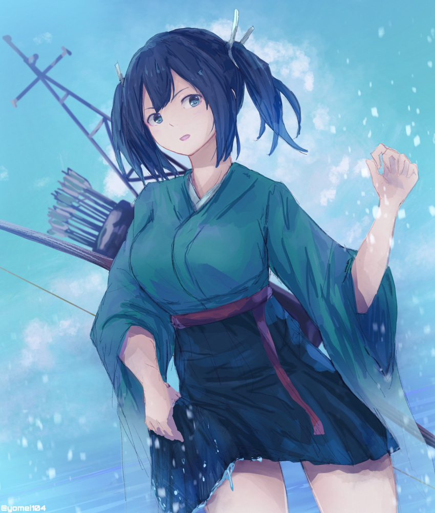 1girl arrow_(projectile) blue_hair blue_sky bow_(weapon) breasts clouds cloudy_sky day flight_deck gloves green_hakama green_kimono hair_between_eyes hair_ribbon hakama hakama_short_skirt hakama_skirt headband highres japanese_clothes kantai_collection kimono large_breasts ocean one-hour_drawing_challenge open_mouth outdoors partially_fingerless_gloves pleated_skirt quiver ribbon skirt sky solo souryuu_(kancolle) twintails water weapon wet wet_clothes yomi_(yomi14_pyaon) yugake