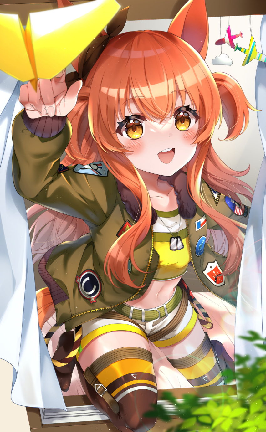 1girl absurdres bed blush bomber_jacket breasts collarbone dog_tags hair_ornament highres jacket mayano_top_gun_(umamusume) midriff nobell_(bell_no5) open_mouth orange_eyes orange_hair paper_airplane shorts small_breasts solo thigh-highs umamusume window