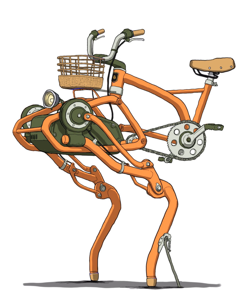 bicycle bicycle_basket engineering_nonsense externally_piloted_mecha from_side gatling_santouhei ground_vehicle highres mecha no_humans original simple_background vehicle_focus walker what white_background