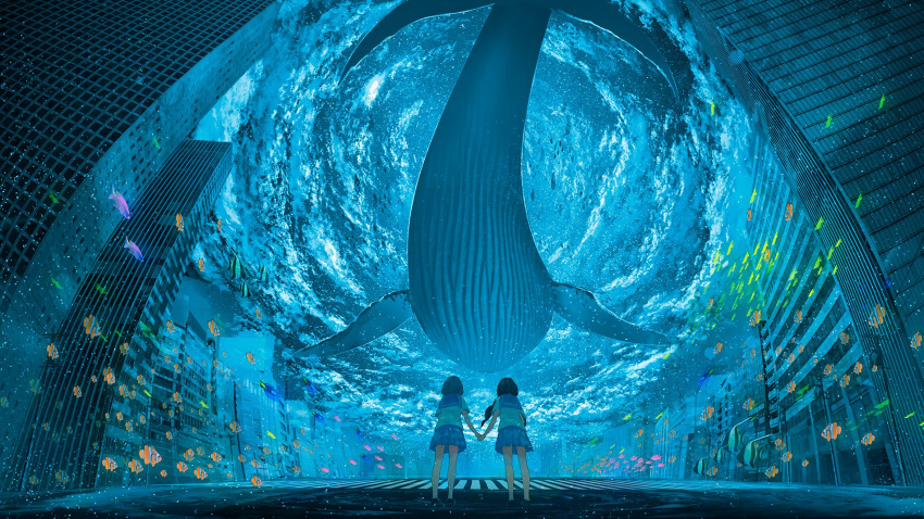 2girls black_hair blue_skirt blue_sky blue_theme bob_cut building chocoshi city clouds cloudy_sky clownfish commentary_request crosswalk facing_away fish flying_fish flying_whale from_behind from_below highres holding_hands light_particles miniskirt multiple_girls original pleated_skirt road scenery school_of_fish school_uniform serafuku short_hair short_sleeves skirt sky skyscraper standing street surreal whale