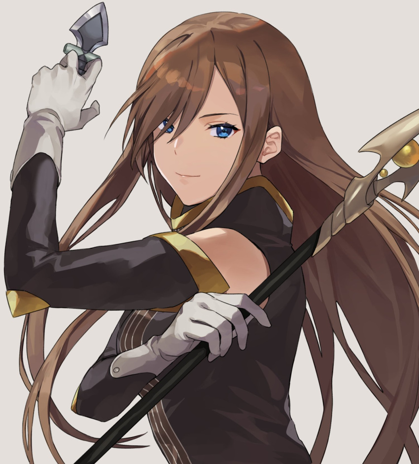 1girl bangs bare_shoulders blue_eyes brown_hair detached_sleeves dress gloves hair_over_one_eye high_collar highres holding holding_knife holding_weapon kamu_(kamuuei) knife long_hair looking_at_viewer pose sleeveless sleeveless_dress solo staff tales_of_(series) tales_of_the_abyss tear_grants weapon white_gloves