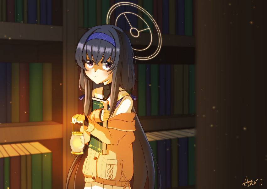 1girl absurdres asuteru bangs black_eyes black_hair blue_archive book bookshelf commentary_request eyebrows_visible_through_hair eyes_visible_through_hair hair_between_eyes hairband halo highres holding holding_book holding_lantern jacket jewelry lantern long_hair long_sleeves looking_at_viewer low_twintails necklace off_shoulder pocket school_uniform serafuku sidelocks solo sweater_jacket turtleneck twintails ui_(blue_archive)