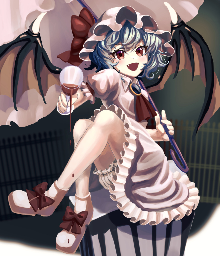 1girl :d absurdres alcohol ascot bat_wings bloomers blue_hair brooch cup drinking_glass fang full_body hat hat_ribbon highres holding jewelry kstr looking_at_viewer mob_cap moon open_mouth puffy_sleeves red_eyes remilia_scarlet ribbon shoes short_hair short_sleeves sitting skirt smile solo spilling touhou underwear white_legwear wine wings