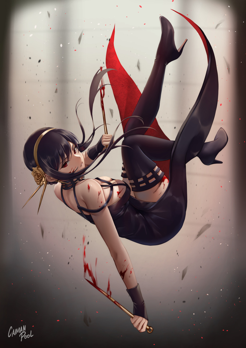 1girl absurdres artist_name bangs bare_shoulders black_dress black_gloves black_hair blood blood_on_arm blood_on_breasts blood_on_face blood_on_leg blood_on_weapon boots breasts caiman_pool dagger dress dual_wielding earrings embers falling fingerless_gloves floating_hair floral_print from_side full_body gloves gold_earrings gold_hairband high_heel_boots high_heels highres holding holding_dagger holding_weapon jewelry knife large_breasts long_hair parted_lips red_eyes reverse_grip rose_hair_ornament rose_print short_hair_with_long_locks sidelocks solo spikes spy_x_family swept_bangs thigh-highs thigh_boots two-sided_dress weapon yor_briar zettai_ryouiki