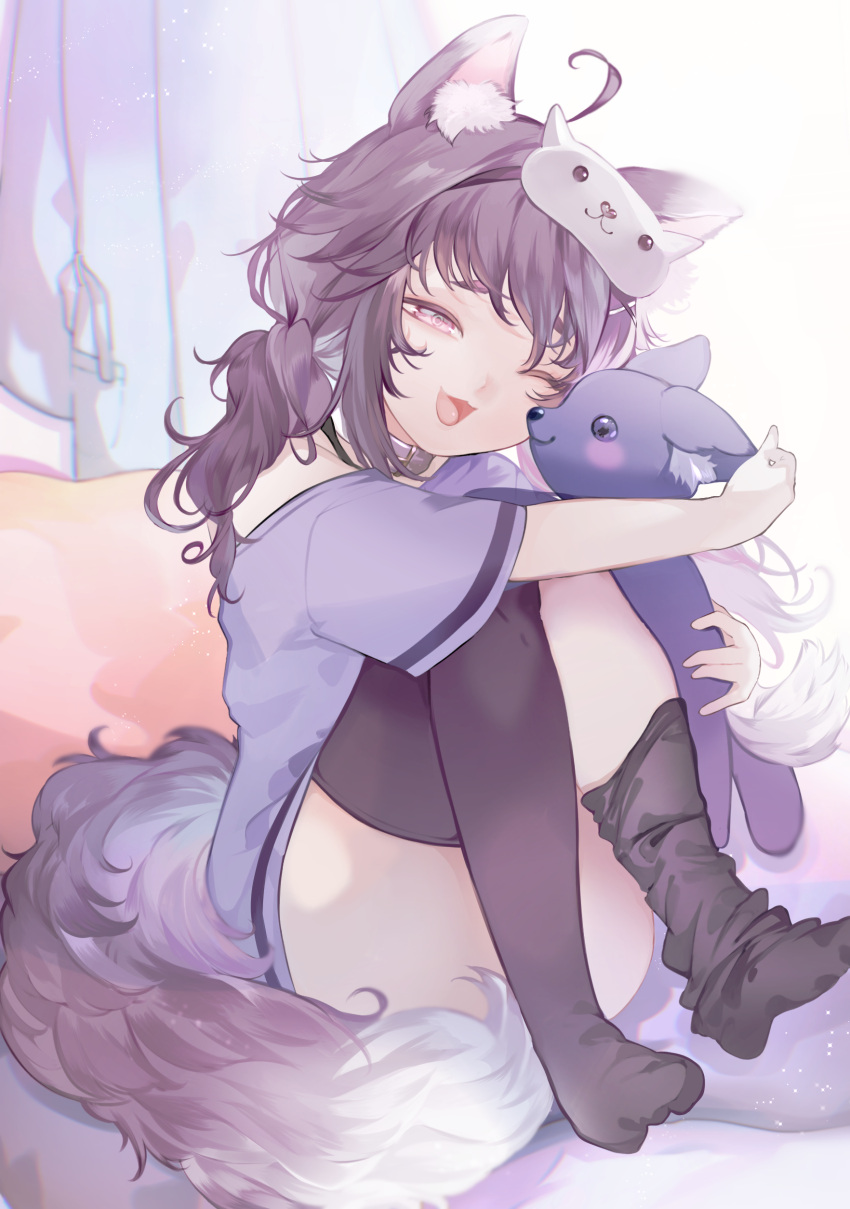 1girl ;d absurdres ahoge animal_ear_fluff animal_ears bangs bed black_legwear brown_hair brown_tail choker commentary_request commission commissioner_upload flat_chest hair_ornament happy heterochromia highres hug indie_virtual_youtuber mask mask_on_head medium_hair nennekorori4 object_hug on_bed one_eye_closed pajamas petite pillow robe shirt sitting sitting_on_bed skeb_commission sleep_mask sleepwear sleepy smile solo stuffed_toy tail thigh-highs tlombard2000 twintails virtual_youtuber waking_up wolf_ears wolf_girl wolf_tail x_hair_ornament zettai_ryouiki