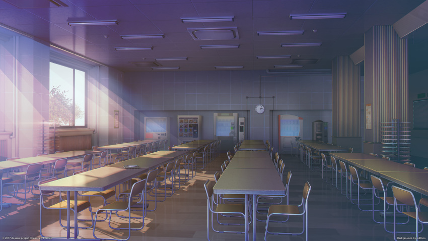 artist_name cafeteria chair clock highres mb0sco mixed-language_commentary no_humans original scenery school shadow table vending_machine watermark window