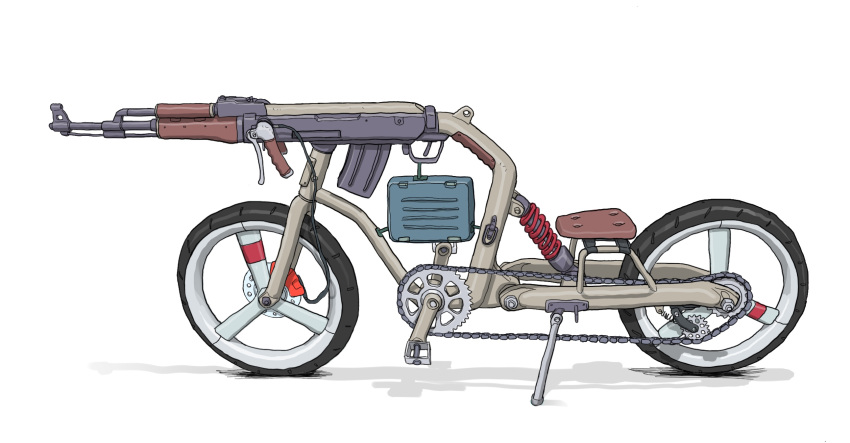 ak-47 assault_rifle bicycle from_side gatling_santouhei ground_vehicle gun highres kalashnikov_rifle no_humans original rifle simple_background vehicle_focus weapon what white_background