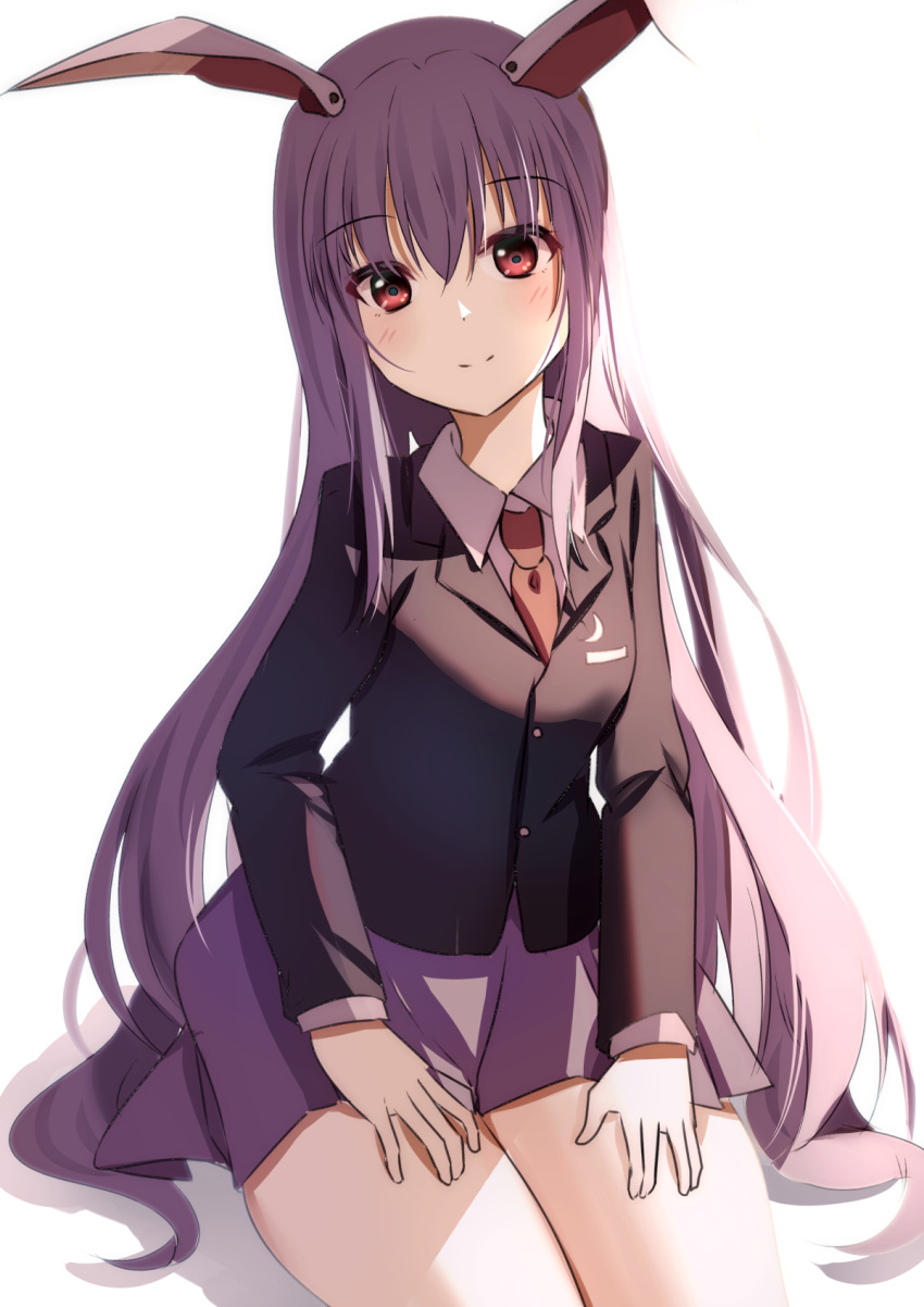1girl animal_ears bangs black_jacket blazer closed_jacket closed_mouth collared_shirt eyebrows_visible_through_hair happy highres jacket long_hair long_sleeves looking_at_viewer miniskirt natsume_suzuri necktie pleated_skirt purple_hair purple_skirt rabbit_ears rabbit_tail red_eyes red_necktie reisen_udongein_inaba shirt simple_background sitting skirt smile tail thighs touhou very_long_hair white_background white_shirt