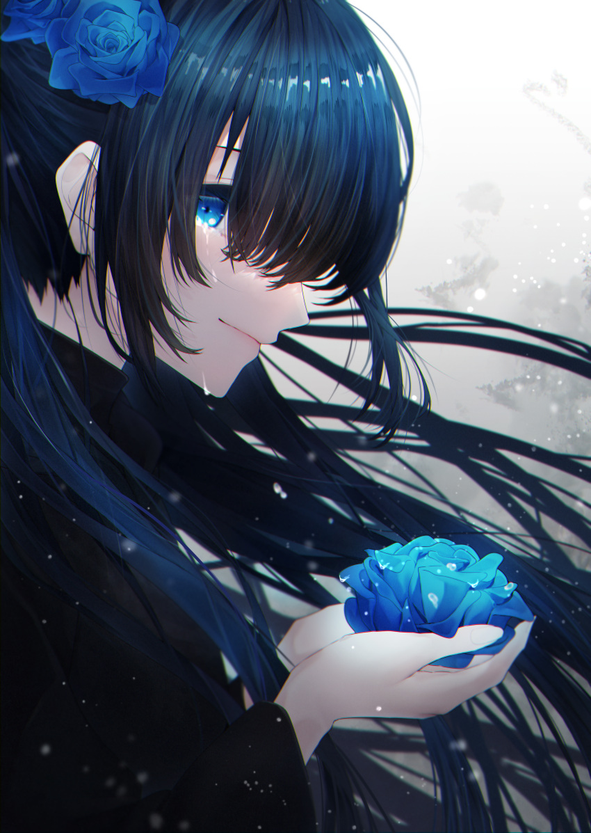 1girl absurdres bangs black_hair blue_eyes blue_flower blue_hair blue_rose blue_theme closed_mouth crying crying_with_eyes_open cupping_hands floating_hair flower from_side grey_background hair_flower hair_ornament hands_up highres holding holding_flower light_particles long_hair long_sleeves looking_at_viewer moririto original profile rose smile solo tears turtleneck upper_body