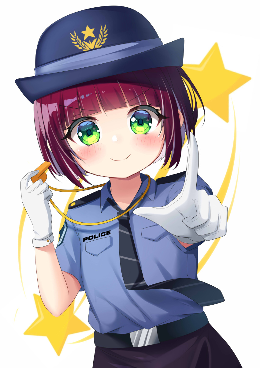 &gt;:) 1girl absurdres alternate_costume bangs belt black_belt black_necktie black_skirt blue_headwear blue_shirt blunt_bangs blush closed_mouth collared_shirt diagonal-striped_necktie eyebrows_visible_through_hair gloves green_eyes hat highres holding holding_whistle ikazu401 nagisa_arcinia necktie nijisanji nijisanji_id police police_hat police_uniform policewoman purple_hair shirt short_hair short_sleeves skirt smile solo star_(symbol) uniform v-shaped_eyebrows virtual_youtuber whistle whistle_around_neck white_background white_gloves