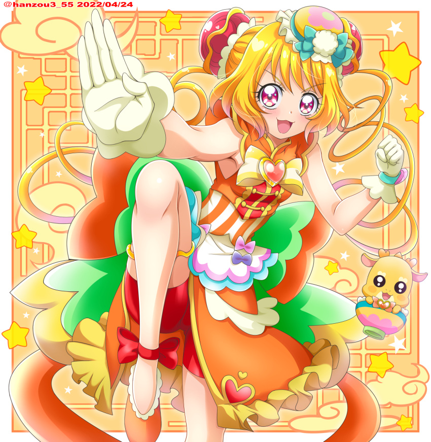 1girl apron back_bow bike_shorts bikini blonde_hair bow bowl brooch bun_cover chinese_clothes cure_yum-yum delicious_party_precure double_bun dragon dress eyebrows_visible_through_hair fighting_stance gloves gradient gradient_background hair_between_eyes hanamichi_ran hanzou heart_brooch highres huge_bow jewelry lips long_hair magical_girl mem-mem_(precure) multicolored_hair open_mouth orange_dress precure red_shorts redhead shorts sleeveless sleeveless_dress surprised swimsuit two-tone_hair very_long_hair white_gloves yellow_background yellow_eyes