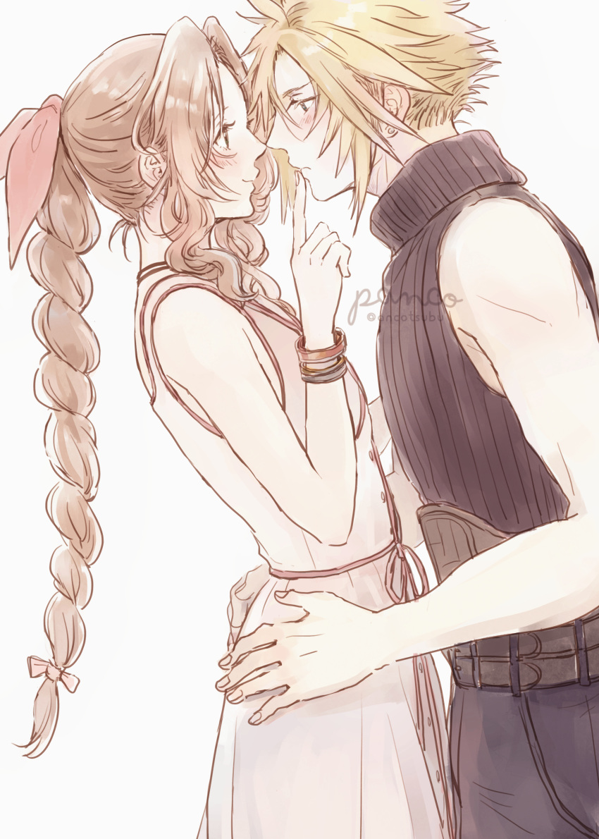 1boy 1girl absurdres aerith_gainsborough ancotsubu armor_removed bangs bare_arms belt blonde_hair blue_pants blue_shirt blush bracelet braid braided_ponytail cloud_strife couple dress final_fantasy final_fantasy_vii final_fantasy_vii_remake finger_to_another's_mouth hair_ribbon hands_on_another's_hips highres imminent_kiss jacket jacket_removed jewelry long_dress multiple_belts pants parted_bangs pink_dress profile ribbon shirt sidelocks sleeveless sleeveless_turtleneck spiky_hair turtleneck upper_body