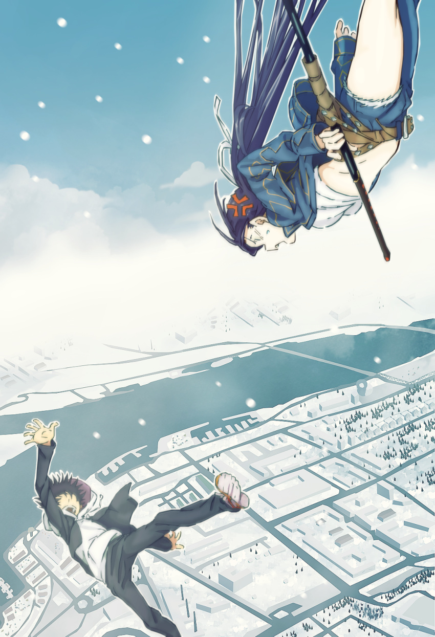 1boy 1girl action anger_vein asymmetrical_clothes asymmetrical_legwear belt black_hair black_jacket black_pants blue_jacket blue_pants blue_sky brown_belt building city cityscape clouds cloudy_sky colorized commentary day denim falling feet_out_of_frame full_body gazing_eye haimura_kiyotaka highres holding holding_sword holding_weapon hood hoodie jacket jeans kamijou_touma kanzaki_kaori landscape long_hair long_sleeves looking_at_another looking_down looking_up midriff novel_illustration official_art open_clothes open_jacket open_mouth outdoors outstretched_arm pants ponytail river sheath sheathed shirt sky snow snowing spoilers stomach sword teeth thighs toaru_majutsu_no_index toaru_majutsu_no_index:_new_testament tree upper_teeth upside-down very_long_hair weapon white_hood white_hoodie white_shirt