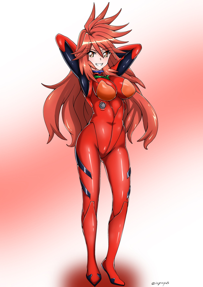 1girl absurdres amou_kanade arms_behind_head blush breasts cosplay covered_navel eyebrows_visible_through_hair full_body grin highres kyomeihibiki large_breasts long_hair looking_at_viewer plugsuit redhead senki_zesshou_symphogear shiny shiny_hair smile solo souryuu_asuka_langley souryuu_asuka_langley_(cosplay) standing yellow_eyes