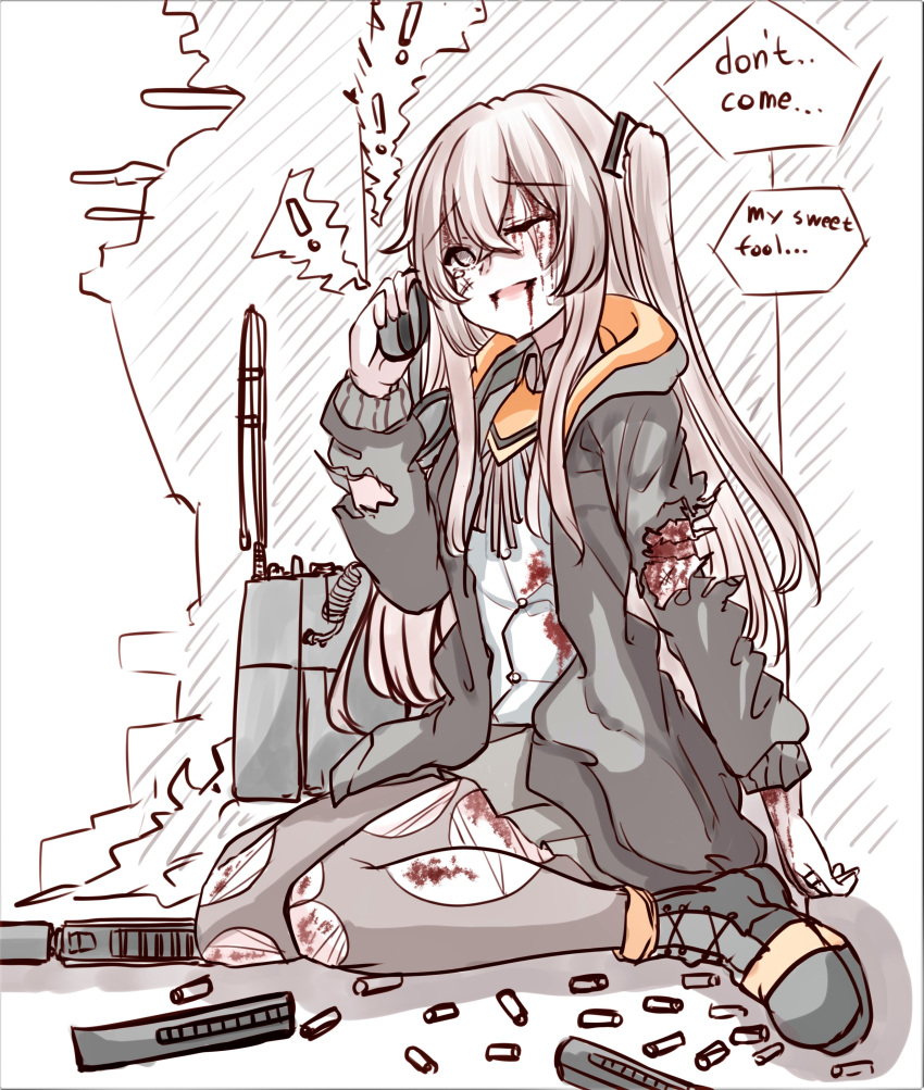 ! 1girl absurdres black_footwear black_jacket black_skirt bleeding blood blood_on_clothes blood_on_face boots brown_hair brown_legwear bullet collared_shirt english_commentary english_text girls_frontline grey_eyes gun h&amp;k_ump highres holding injury jacket long_hair magazine_(object) one_side_up peroronti radio ribbon shirt simple_background skirt solo speech_bubble submachine_gun tearing_up torn_clothes torn_legwear ump45_(girls'_frontline) weapon white_shirt