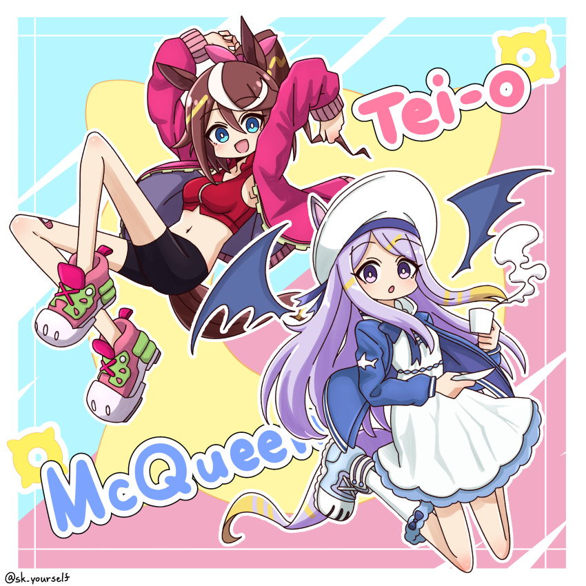 2girls :d :o absurdres animal_ears arms_up ask_yourself bandaid bandaid_on_leg bangs bike_shorts blonde_hair blue_bow blue_eyes blue_footwear blue_jacket bow breasts brown_hair character_name commentary_request cosplay cropped_vest cup dress ears_through_headwear eyebrows_visible_through_hair flat_chest full_body hair_between_eyes hair_bow hair_flaps hat high_ponytail highres holding holding_cup holding_plate horse_ears horse_girl horse_tail jacket ki-sikil_(yu-gi-oh!) ki-sikil_(yu-gi-oh!)_(cosplay) kneehighs lil-la_(yu-gi-oh!) lil-la_(yu-gi-oh!)_(cosplay) live_twin_ki-sikil live_twin_lil-la long_hair long_sleeves looking_at_viewer medium_breasts mejiro_mcqueen_(umamusume) midriff multicolored_background multicolored_hair multiple_girls navel open_clothes open_jacket open_mouth outline partial_commentary pink_bow pink_footwear pink_jacket plate ponytail purple_hair red_vest sailor_hat shoes sidelocks smile sneakers steam streaked_hair swept_bangs tail tea tokai_teio_(umamusume) twitter_username two-tone_hair umamusume vest violet_eyes white_dress white_hair white_headwear white_legwear wings yu-gi-oh!