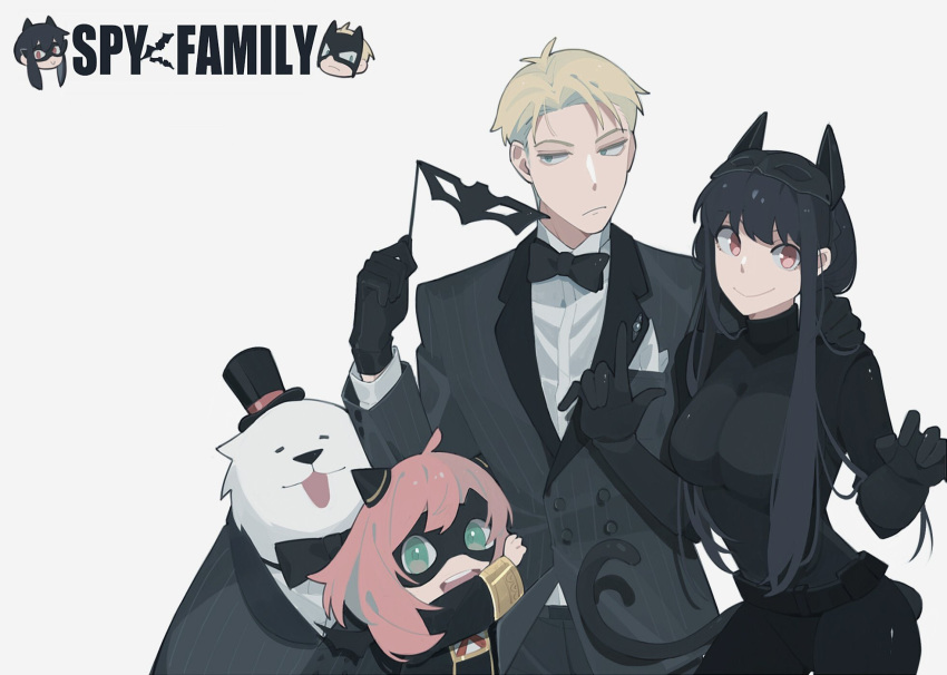 1boy 2girls :p animal_ears anya_(spy_x_family) bangs berldo black_bodysuit black_gloves black_hair blonde_hair blue_eyes bodysuit bond_(spy_x_family) bow bowtie cat_ears cat_tail child collared_shirt dog eden_academy_uniform formal gloves green_eyes grin hair_horns half-closed_eyes hand_on_another's_shoulder handkerchief hat highres holding holding_mask jacket jitome long_sleeves mask mask_on_head mask_removed multiple_girls open_mouth parted_hair pink_hair pointing red_eyes shirt sidelocks simple_background smile spy_x_family suit suit_jacket tail tongue tongue_out top_hat tsurime twilight_(spy_x_family) upper_body wing_collar yor_briar