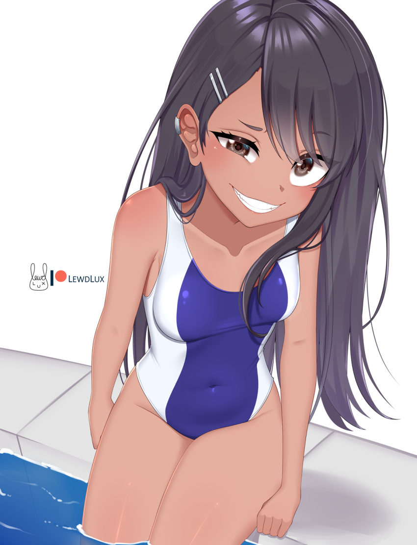 1girl asymmetrical_bangs bangs black_hair breasts brown_eyes covered_navel dark-skinned_female dark_skin hair_ornament hairclip highres ijiranaide_nagatoro-san lewdlux looking_at_viewer nagatoro_hayase one-piece_swimsuit sitting small_breasts smile solo swimsuit