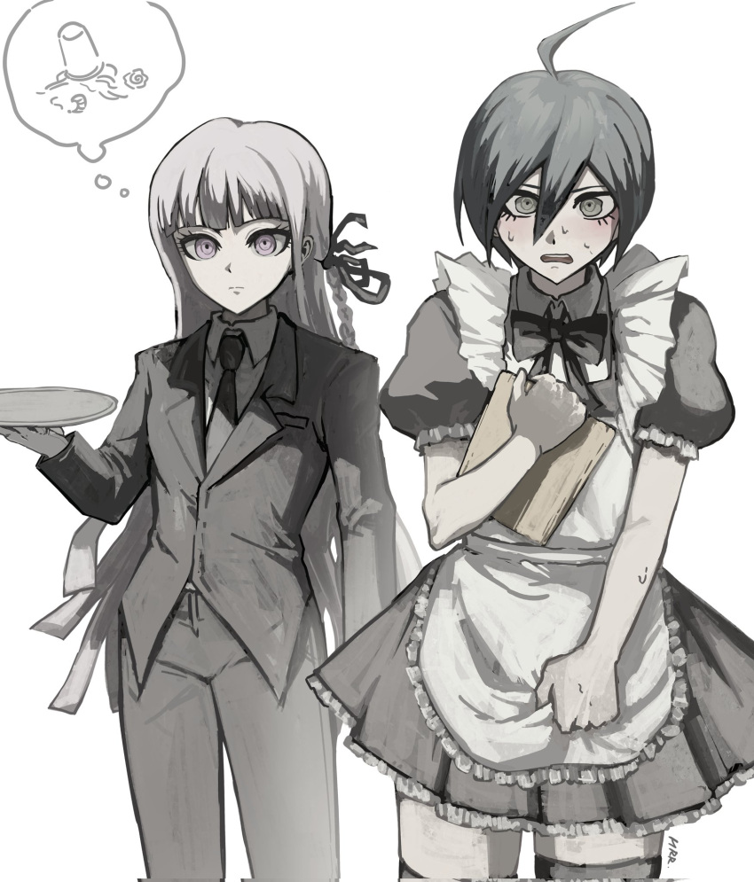 1boy 1girl ahoge alternate_costume apron bangs black_bow black_bowtie black_dress black_jacket black_pants bow bowtie braid brown_eyes butler collared_shirt crossdressing danganronpa:_trigger_happy_havoc danganronpa_(series) danganronpa_v3:_killing_harmony dress enmaided food frilled_apron frills hair_between_eyes hair_ribbon harari highres holding holding_tray jacket kirigiri_kyouko long_hair maid maid_apron necktie noodles pants puffy_short_sleeves puffy_sleeves ramen ribbon saihara_shuuichi shirt short_hair short_sleeves side_braid simple_background sweat thigh-highs thought_bubble tray white_background zettai_ryouiki