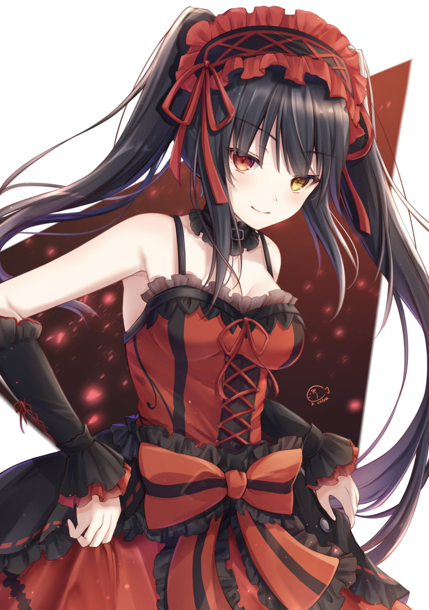 1girl absurdres bangs bare_shoulders black_hair black_hairband black_sleeves bow breasts closed_mouth collarbone commentary_request date_a_live detached_sleeves dress eyebrows_visible_through_hair frilled_hairband frills hairband heterochromia highres kiri_celea long_hair long_sleeves medium_breasts red_bow red_dress red_eyes red_ribbon ribbon signature sleeveless sleeveless_dress sleeves_past_wrists smile solo striped striped_bow tokisaki_kurumi twintails very_long_hair white_background yellow_eyes