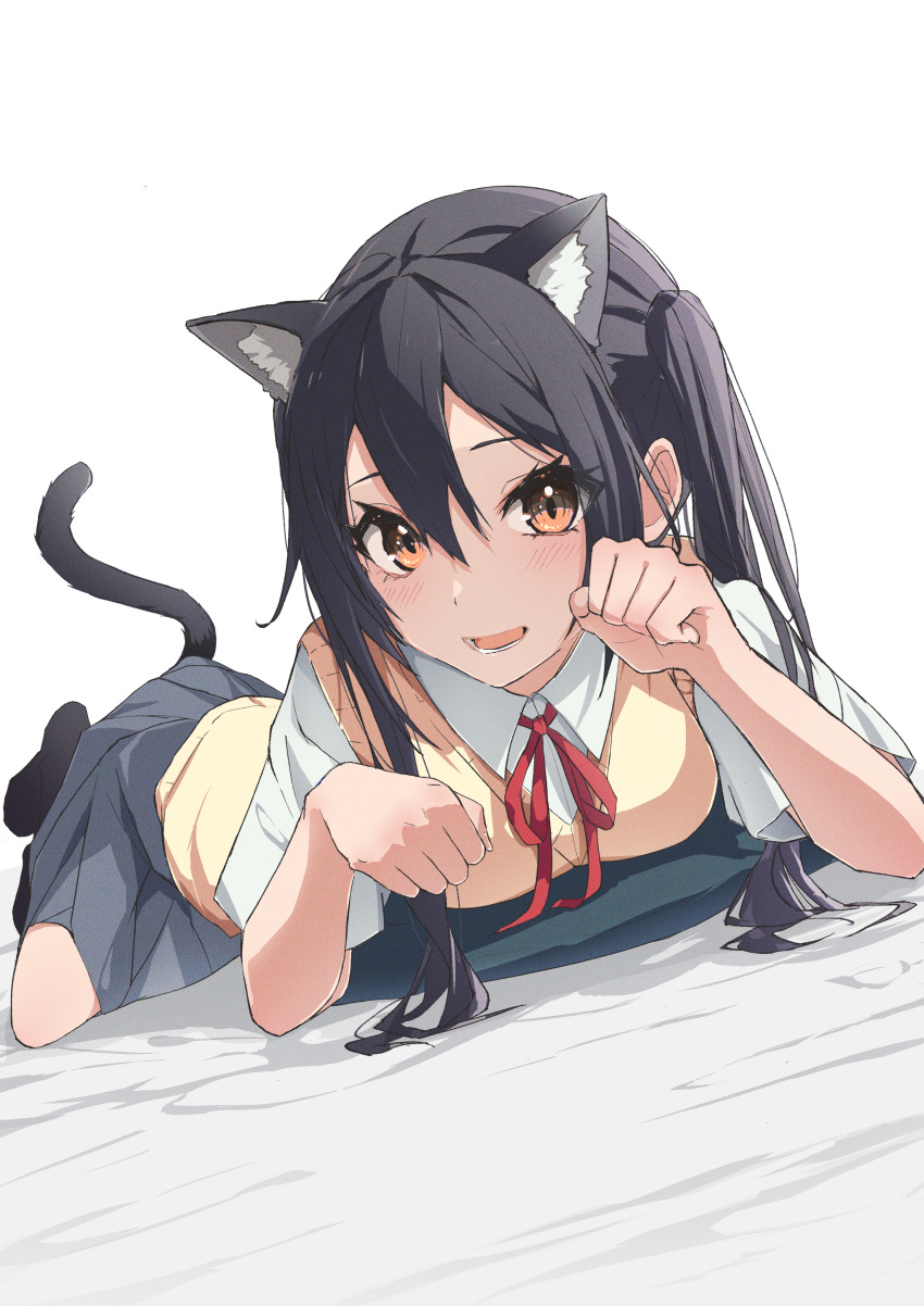 1girl absurdres animal_ears bangs black_hair black_legwear blue_skirt blush brown_eyes cat_ears cat_tail commentary_request hair_between_eyes highres k-on! long_hair looking_at_viewer lying nakano_azusa neck_ribbon necosuna7l on_stomach open_mouth paw_pose red_ribbon ribbon sakuragaoka_high_school_uniform school_uniform shirt short_sleeves simple_background skirt solo sweater_vest tail twintails vest white_background white_shirt yellow_vest