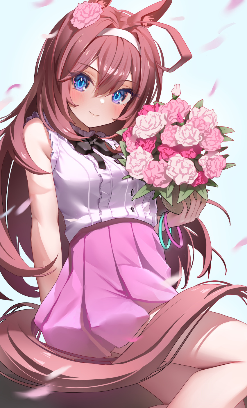 1girl absurdres ahoge animal_ears blue_eyes bouquet brown_hair closed_mouth flower hair_flower hair_ornament highres holding holding_bouquet horse_ears horse_girl horse_tail long_hair looking_at_viewer mihono_bourbon_(umamusume) ningen_mame pink_flower pink_rose red_flower red_rose rose smile solo tail thighs umamusume
