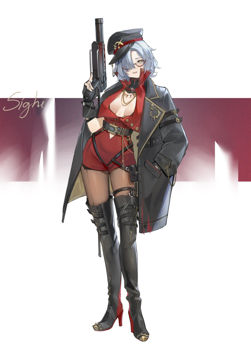1girl absurdres black_coat blue_hair boots breasts buttons coat commentary dalimao glasses green_eyes gun hair_over_one_eye hand_in_pocket hand_up hat high_heel_boots high_heels highres holding holding_gun holding_weapon jewelry looking_at_viewer medium_breasts military_hat necklace one_eye_covered original pantyhose parted_lips pouch romper solo standing thigh-highs thigh_boots weapon