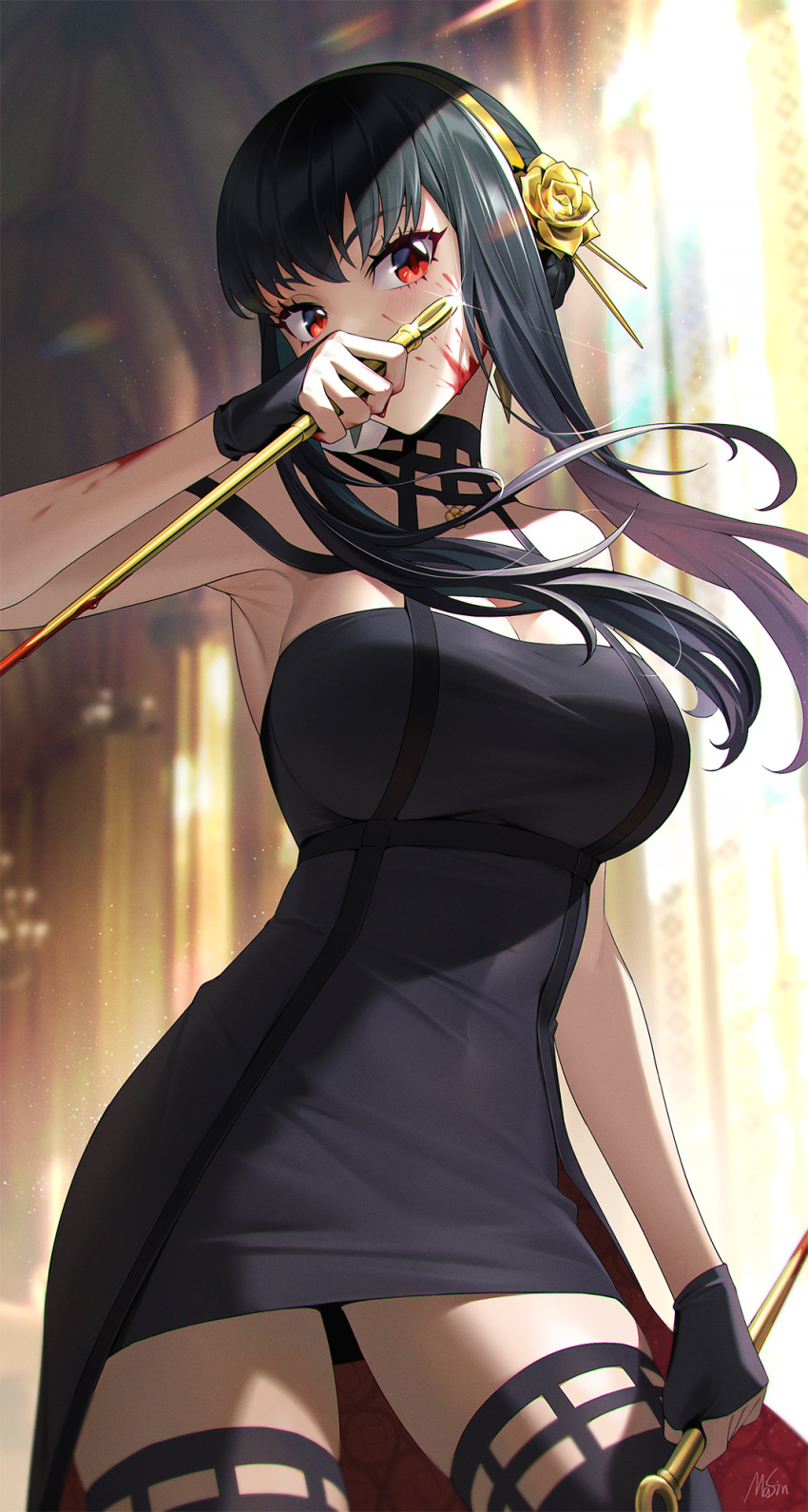 1girl black_dress black_gloves black_hair black_legwear blood blood_on_arm blood_on_face blood_on_hands blood_on_weapon blurry blurry_background breasts contrapposto cowboy_shot dagger dress dual_wielding earrings floating_hair glint gloves gold_earrings gold_hairband hand_to_own_mouth highres holding holding_dagger holding_weapon jewelry knife large_breasts long_hair looking_at_viewer masin0201 red_eyes reverse_grip rose_hair_ornament sidelocks signature solo spy_x_family thigh-highs two-sided_dress weapon yor_briar zettai_ryouiki