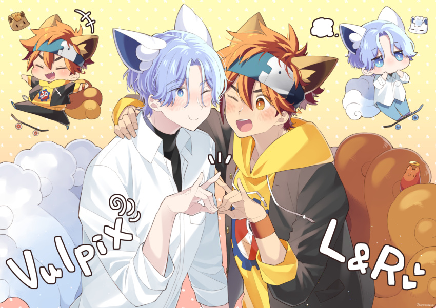 2boys ;d alolan_vulpix animal_ears blue_eyes blue_hair chibi collared_shirt fang fox_ears fox_shadow_puppet fox_tail hasegawa_langa headband highres hood hoodie kemonomimi_mode kyan_reki male_focus multiple_boys multiple_tails one_eye_closed pokemon redhead shirt sk8_the_infinity skateboard smile tail uppi vulpix yellow_eyes