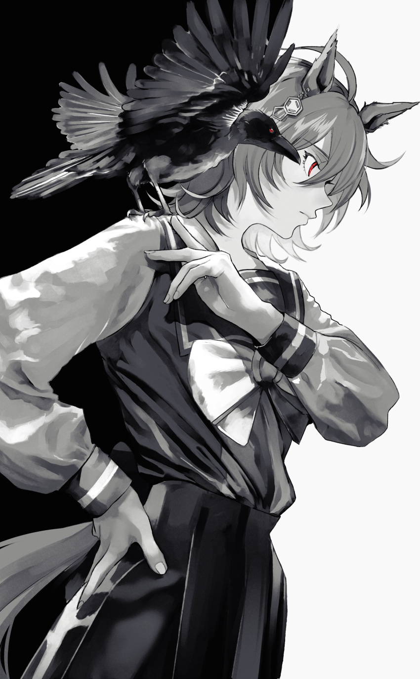 1girl absurdres agnes_tachyon_(umamusume) ahoge animal_ears animal_on_shoulder bangs bird bird_on_shoulder black_background bow bowtie brown_hair chemical_structure commentary_request cowboy_shot crow earrings from_side greyscale hand_on_hip highres horse_ears horse_girl horse_tail jewelry long_sleeves medium_hair messy_hair mikedate monochrome profile puffy_long_sleeves puffy_sleeves red_eyes sailor_collar school_uniform serafuku single_earring solo spread_wings tail tracen_school_uniform umamusume white_background