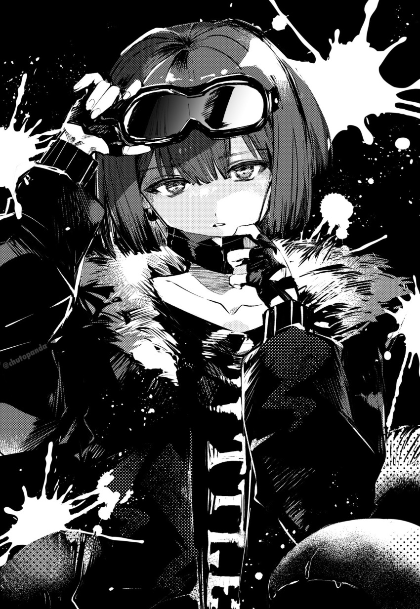 1girl andreana_(arknights) arknights ba_kanoko bangs commentary_request eyebrows_visible_through_hair fingerless_gloves fur-trimmed_jacket fur_trim gloves goggles goggles_on_head greyscale highres jacket long_sleeves looking_at_viewer mask mask_pull monochrome mouth_mask open_clothes open_jacket parted_lips shirt short_hair solo tentacles upper_body