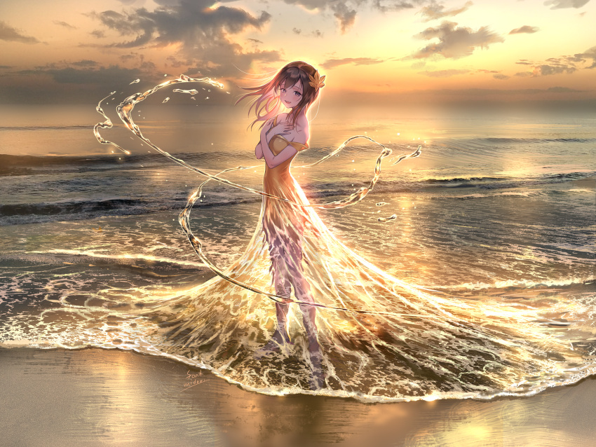 1girl bangs banned_artist bare_shoulders barefoot beach blush brown_hair clouds commentary crossed_arms dress eyebrows_visible_through_hair full_body hair_ornament hands_on_own_chest highres horizon liquid_clothes long_hair looking_at_viewer midori_foo ocean off_shoulder orange_dress original outdoors scenery sky smile solo standing sunset water water_dress waves