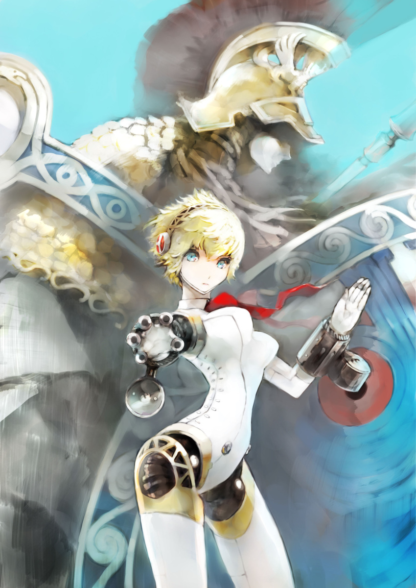 1girl absurdres aegis_(persona) aiming aiming_at_viewer android athena_(megami_tensei) bana_(stand_flower) blonde_hair blue_background blue_eyes bow hairband helmet highres looking_at_viewer mechanical_parts persona persona_3 plume pointing pointing_at_viewer polearm shield short_hair simple_background spear weapon white_background