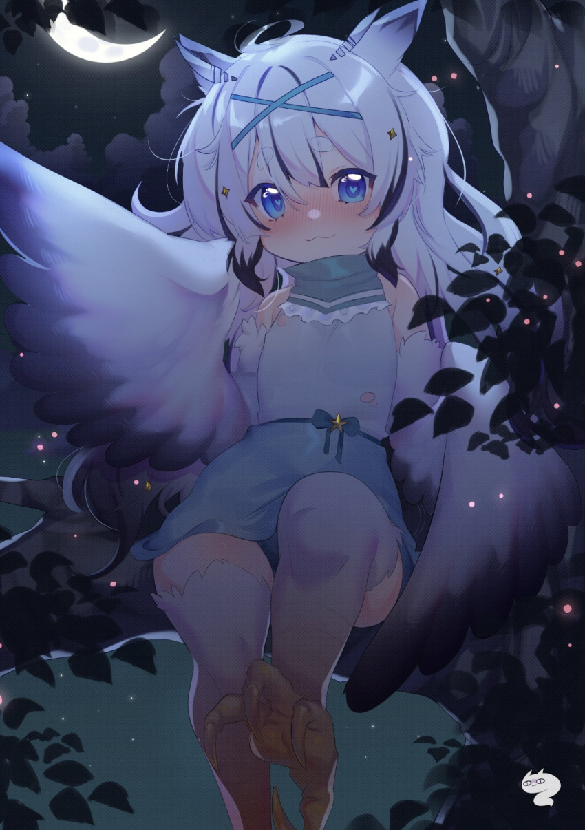 1girl ahoge bare_shoulders belt bird_legs black_feathers black_hair black_wings blue_eyes blush commentary crescent_moon dress english_commentary english_text eyebrows_visible_through_hair flat_chest hair_ornament hairclip harpy heart heart-shaped_pupils highres long_hair monster_girl moon night night_sky niniidawns original sky sleeveless sleeveless_dress solo star_(sky) starry_sky symbol-shaped_pupils talons thigh-highs two-tone_wings very_long_hair white_background white_feathers white_wings winged_arms wings zettai_ryouiki