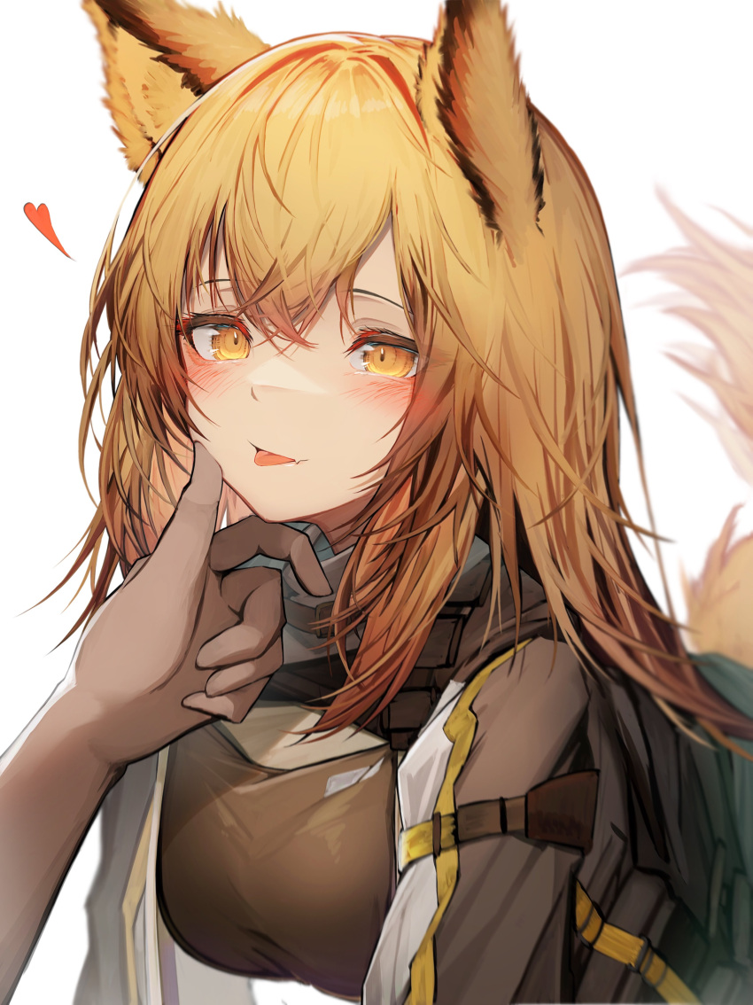 1girl 1other :p absurdres all_fours animal_ears arknights bangs blonde_hair blush breasts ceobe_(arknights) dog_ears dog_girl dog_tail eyebrows_visible_through_hair hand_on_another's_face heart highres large_breasts revision simple_background smile solo_focus tab_head tail tongue tongue_out white_background yellow_eyes