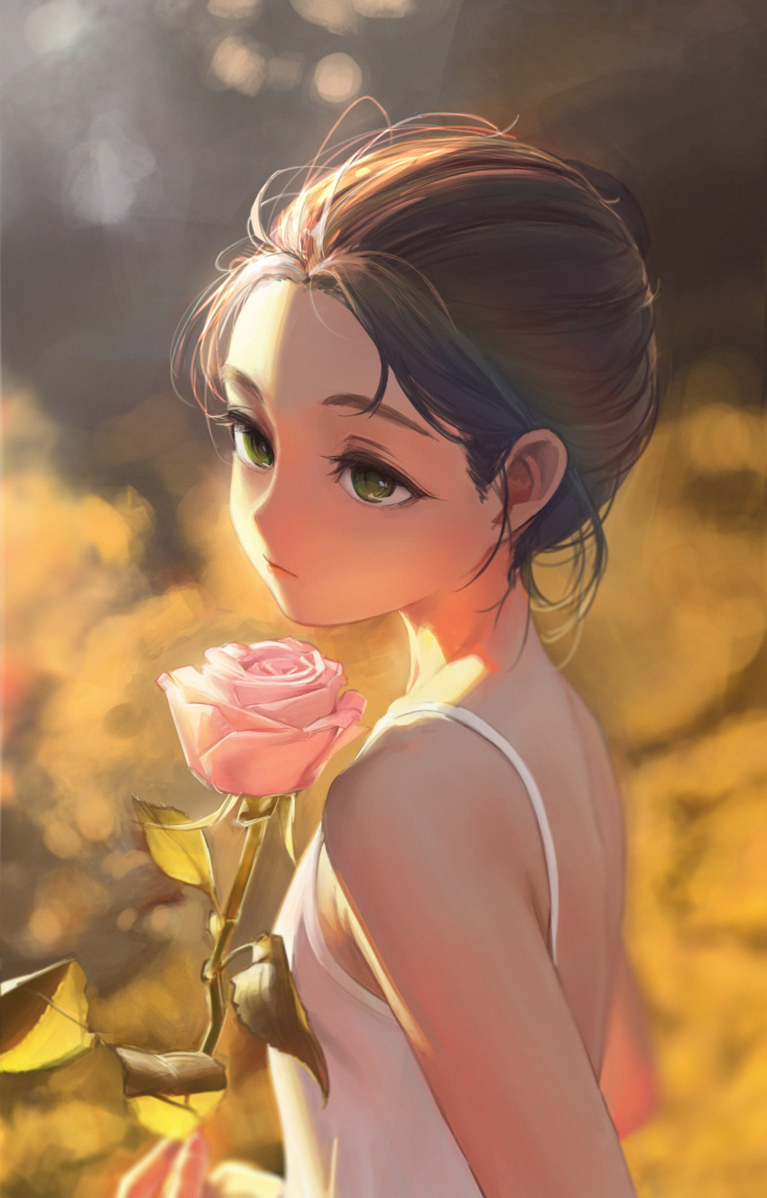 1girl absurdres bare_shoulders blurry blurry_background brown_hair closed_mouth derivative_work dress expressionless eyebrows field flower from_side green_eyes hair_bun hair_pulled_back half-closed_eyes highres holding holding_flower looking_away looking_to_the_side messy_hair nanairo_(kim0116v) original outdoors painterly photo-referenced pink_flower pink_rose rose sidelighting solo standing sundress upper_body white_dress