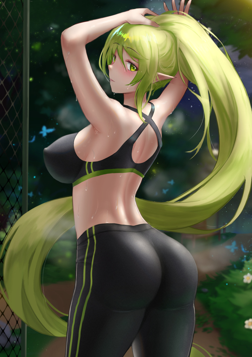 absurdly_long_hair absurdres armpits arms_up ass back bare_shoulders black_bra black_pants blush bra breasts closed_mouth covered_nipples cowboy_shot elsword eyebrows_visible_through_hair forest from_behind green_eyes green_hair highres jixo_(user_nzhc8728) large_breasts light_green_hair long_hair looking_at_viewer looking_back nature outdoors pants pointy_ears ponytail rena_erindel shoulder_blades sideboob sidelocks skin_tight skindentation sports_bra sportswear sweat tight tight_pants tying_hair underwear very_long_hair