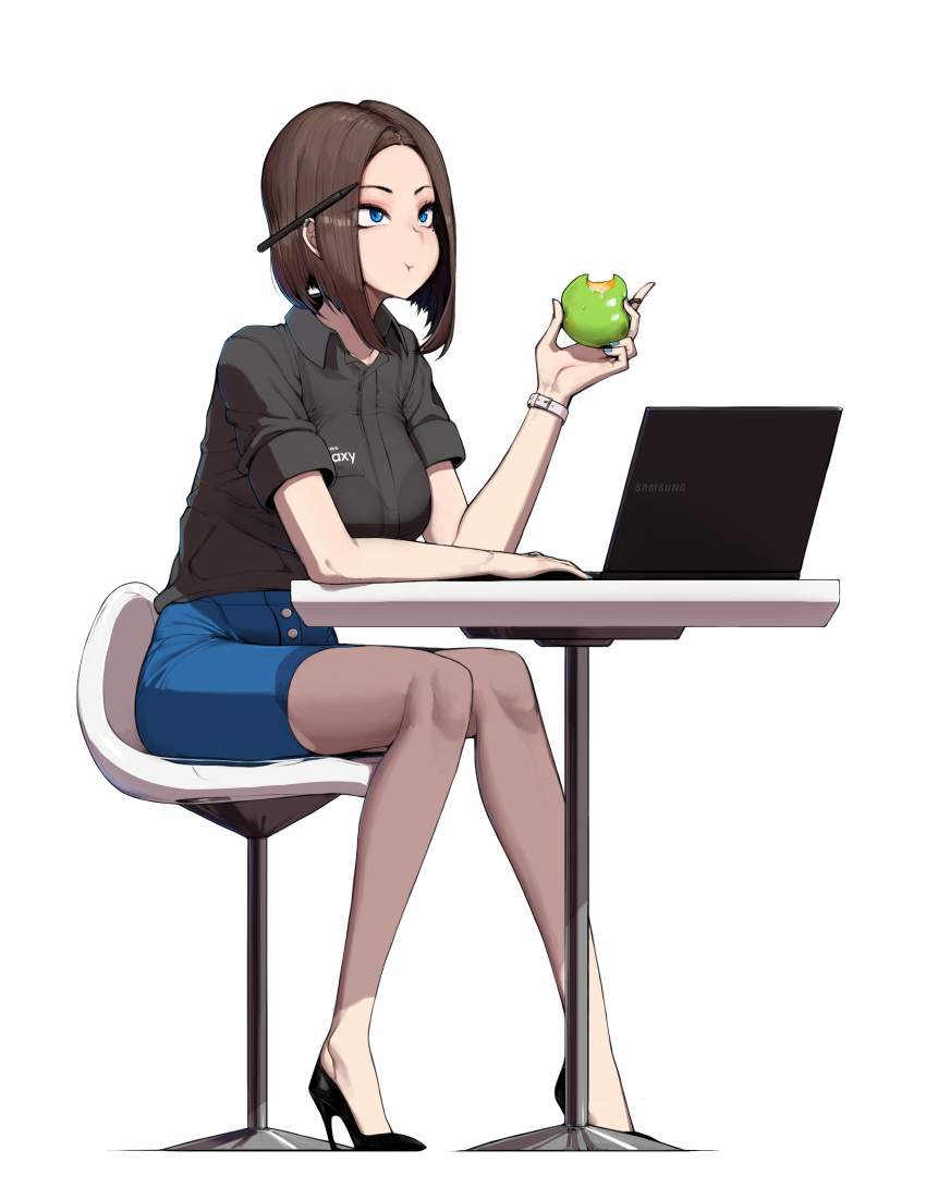 1girl absurdres apple arm_rest bare_legs black_footwear black_shirt blue_eyes blue_nails blue_shorts chewing closed_mouth collared_shirt computer deliciousmeatart eating english_commentary eyelashes food forehead fruit full_body green_apple high_heels highres holding holding_food holding_fruit knees_together_feet_apart laptop looking_afar pen samsung samsung_sam shadow shirt short_sleeves shorts sitting solo table thinking v-shaped_eyebrows watch watch white_background