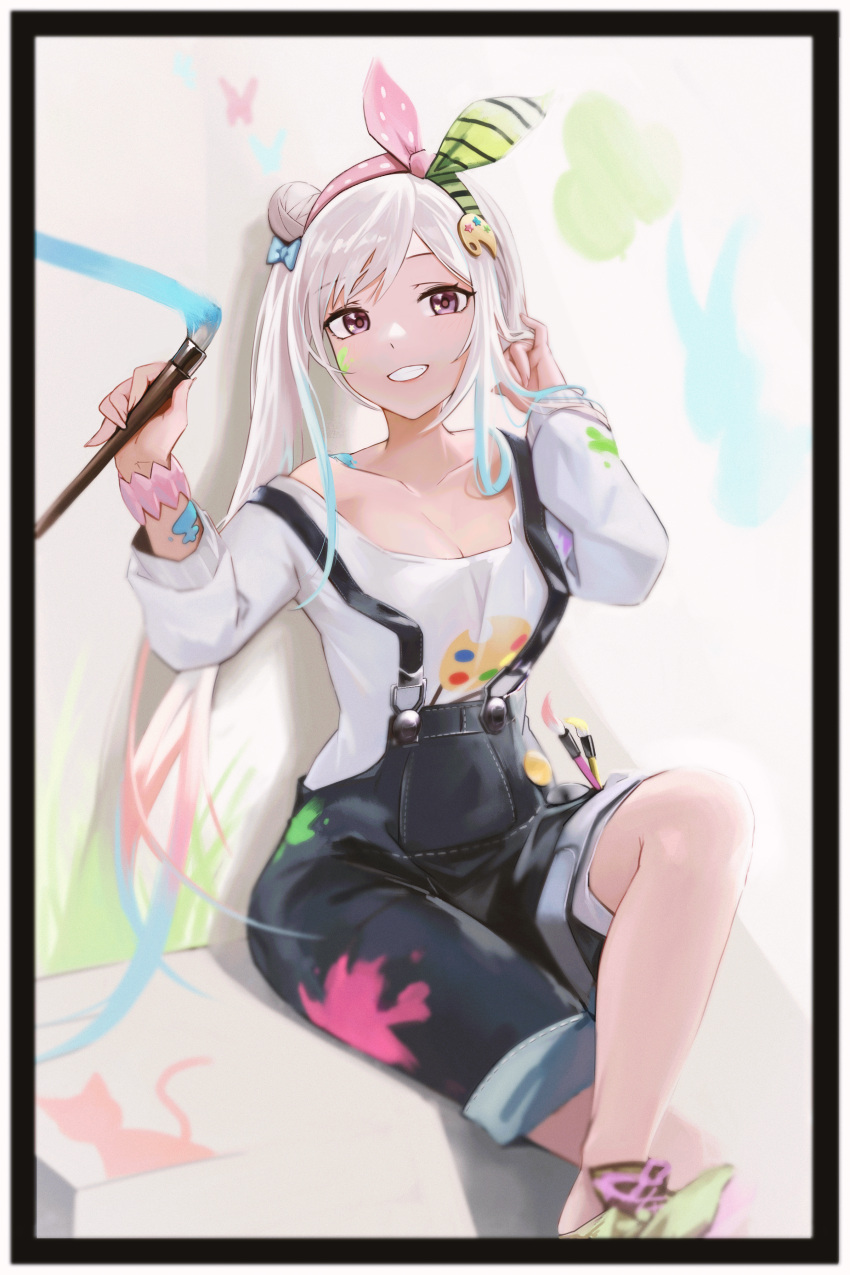 1girl absurdres airani_iofifteen anizi bangs black_shorts blue_bow blue_hair bow bow_hairband crossed_legs grin hair_bow hair_bun hairband hands_up highres holding holding_paintbrush hololive hololive_indonesia long_hair long_sleeves looking_at_viewer multicolored_hair paint_on_clothes paintbrush palette_hair_ornament pink_hair shirt shoes shorts sitting smile solo streaked_hair suspender_shorts suspenders very_long_hair violet_eyes virtual_youtuber white_hair white_shirt