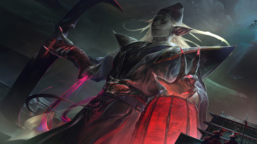 1boy 2others absurdres alternate_costume bangs belt bird blonde_hair fingernails giant half-closed_eyes highres holding holding_weapon lamp league_of_legends long_hair looking_at_viewer multiple_others nail_polish outdoors pointy_ears rain red_nails sharp_fingernails smile solo_focus thresh_(league_of_legends) weapon wutu_(1183238220)