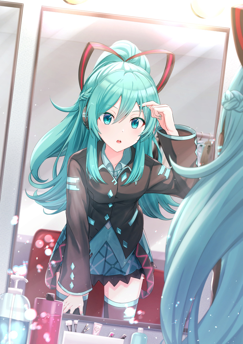 1girl :o absurdres aqua_eyes aqua_hair aqua_nails aqua_skirt belt black_legwear black_shirt bottle clothes_rack commentary dressing_room hair_ribbon hand_in_own_hair hand_on_own_thigh hatsune_miku hatsune_miku_(if) headphones highres indoors itogari leaning_forward light_bulb long_hair long_sleeves makeup_brush miniskirt mirror nail_polish open_mouth pleated_skirt ponytail reflection ribbon ruffling_hair shirt skirt solo striped striped_ribbon thigh-highs vocaloid zettai_ryouiki