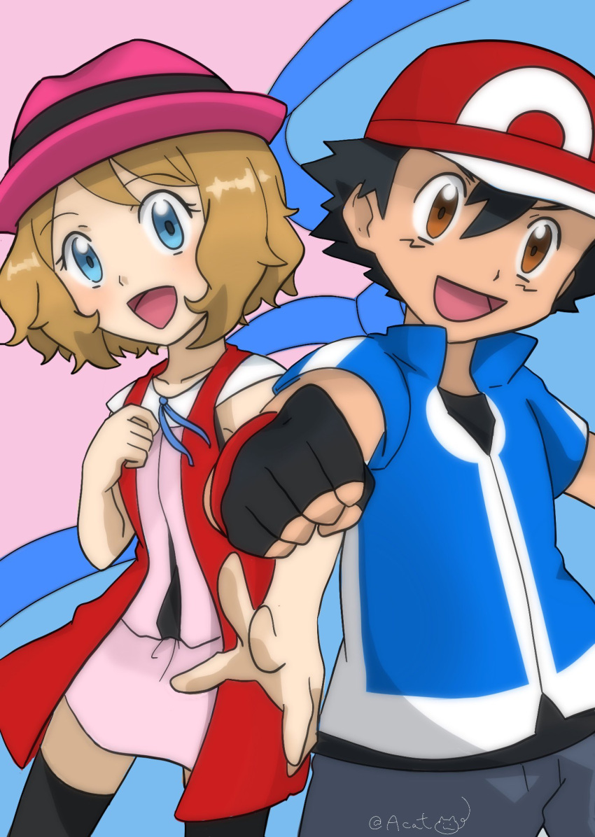 ash_ketchum hat high-waist_skirt highres pokemon pokemon_(anime) pokemon_(game) pokemon_xy pokemon_xy_(anime) red_skirt serena_(pokemon) skirt tagme